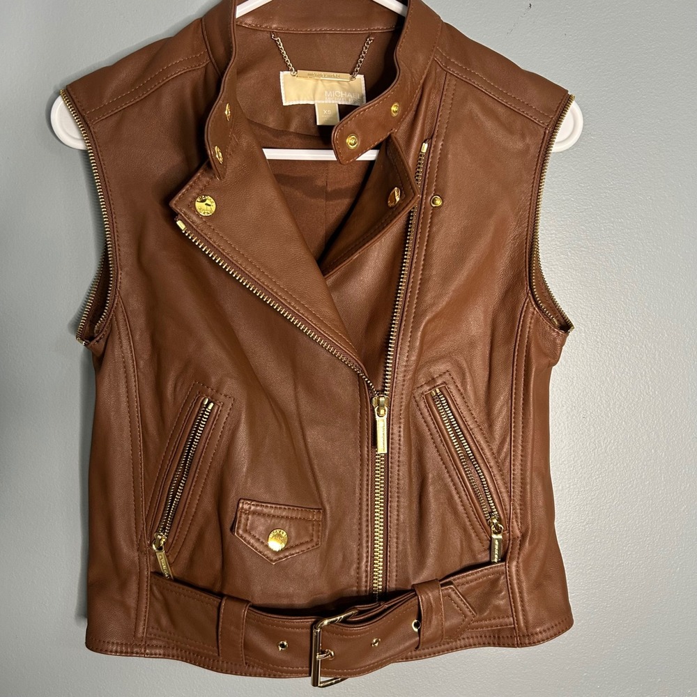Michael Kors Womens Brown Leather Moto Vest Size XS Gold Zippers Belted